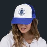 Blue White Tennis Theme Club Name Trucker Hat<br><div class="desc">A simple custom navy-blue tennis theme design with a tennis club name and a slogan.</div>