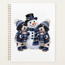 Blue&White Terriers Having Hot Cocoa with Snowman