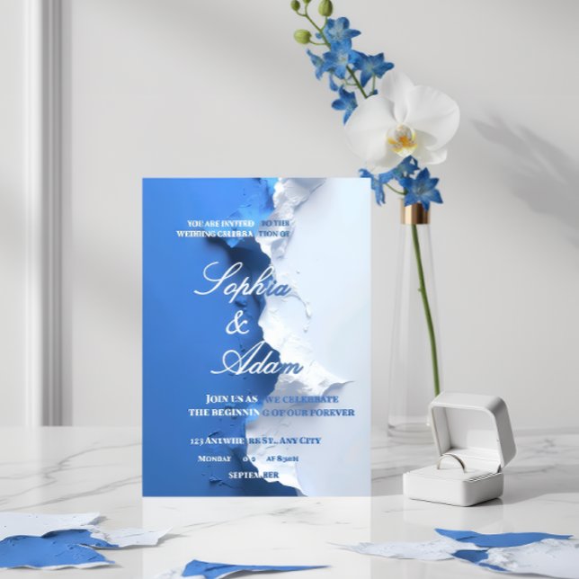Blue & White Textured Art Wedding Invitation  (Creator Uploaded)