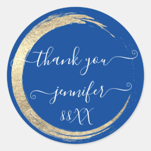 Blue  White Thank You Gold Frame Date Bridal Classic Round Sticker