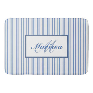 Blue White Ticking Stripes Farmhouse Monogrammed Bath Mat