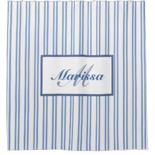 Blue White Ticking Stripes Farmhouse Monogrammed Shower Curtain