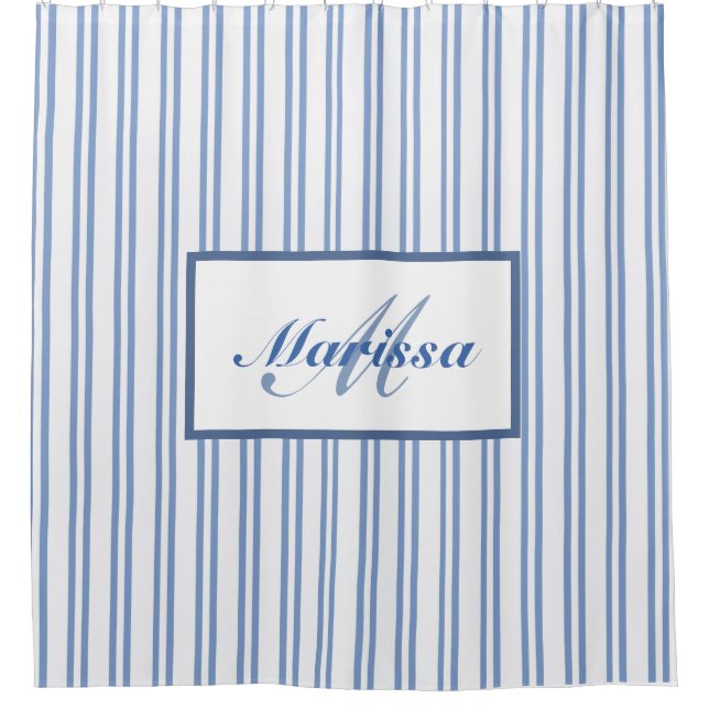 Blue White Ticking Stripes  Farmhouse Monogrammed Shower Curtain (Front)