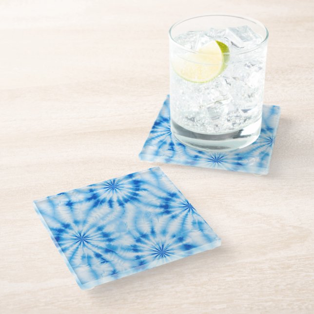 Blue White Tie Dye Glass Coaster (Angled)