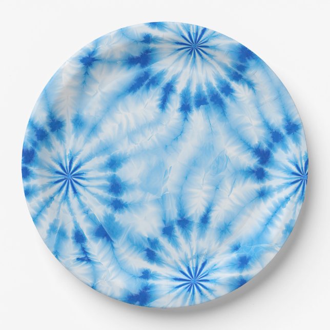 Blue White Tie Dye Paper Plate (Front)