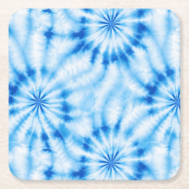 Blue White Tie Dye Square Paper Coaster (Front)