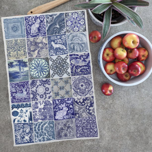 Blue White Tile Antique Vintage Modern Pattern Tea Towel