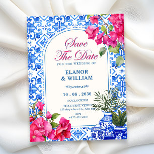 Blue white tile artistic save the date