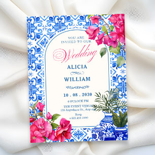 Blue white tile artistic wedding invitation