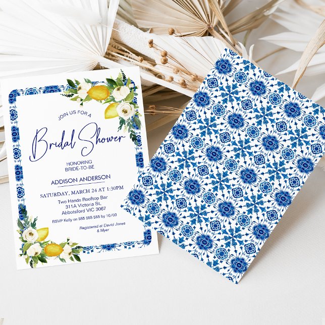 Blue White Tile Floral Lemon Bridal Shower Invitation (Lemon bridal shower invitation featuring a blue and white Mediterranean border and white flowers.)