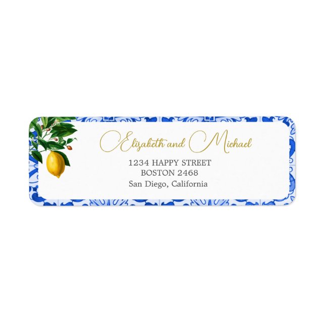 Blue White Tile Lemon Elegant Modern Chic Wedding (Front)