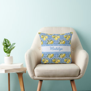 Blue White Tile Lemon Mediterranean Pattern Name Cushion