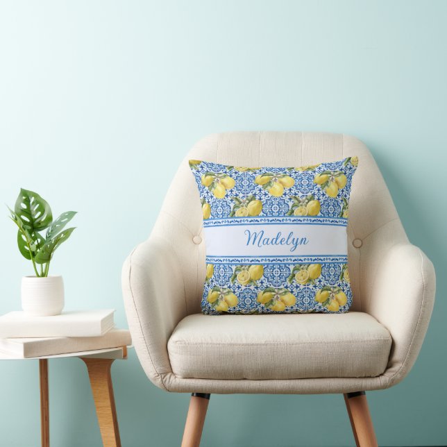 Blue White Tile Lemon Mediterranean Pattern Name Cushion (Chair)