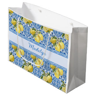Blue White Tile Lemon Mediterranean Pattern Name Large Gift Bag