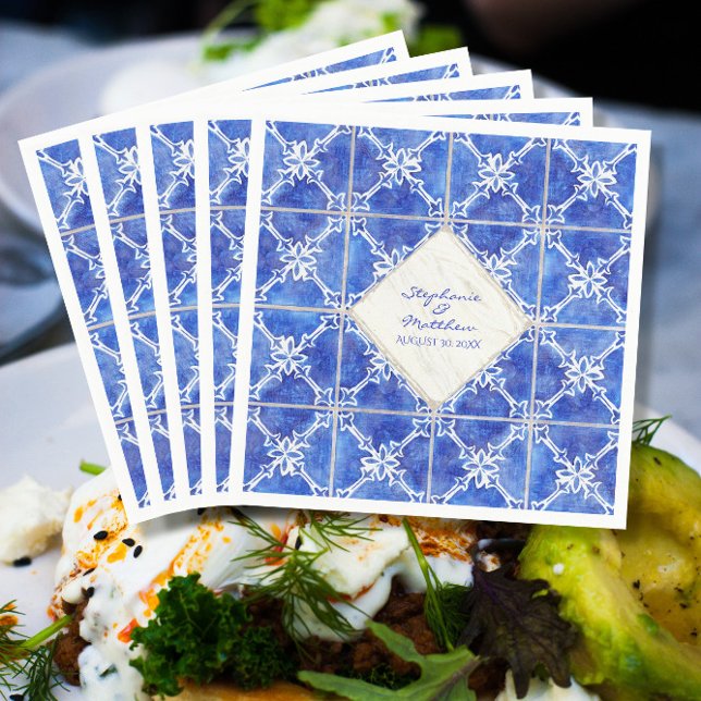 Blue White Tile Pattern Wedding Watercolor Rustic Napkin (Creator Uploaded)