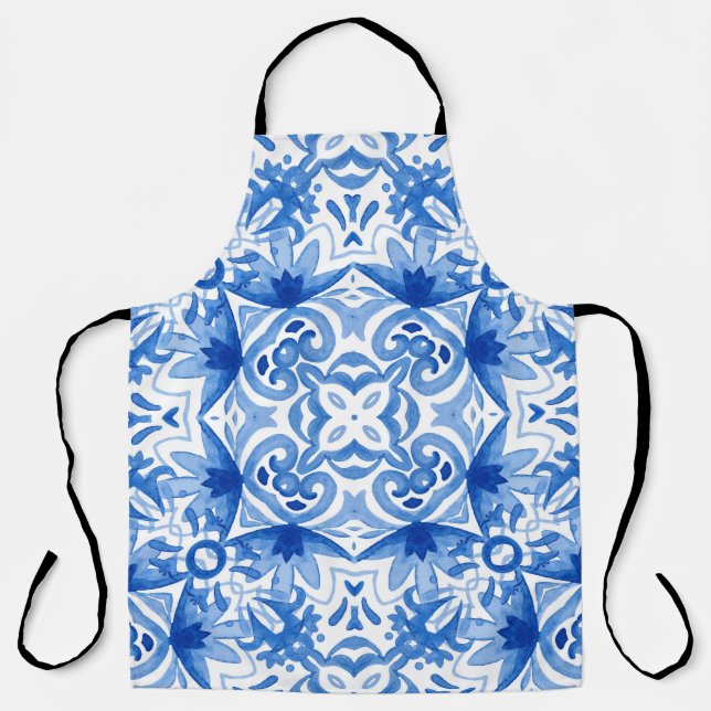 Blue white tile, watercolor seamless pattern. apron (Front)