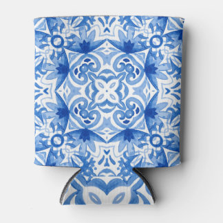 Blue white tile, watercolor seamless pattern. can cooler
