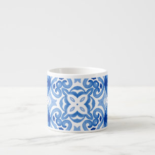 Blue white tile, watercolor seamless pattern. espresso cup