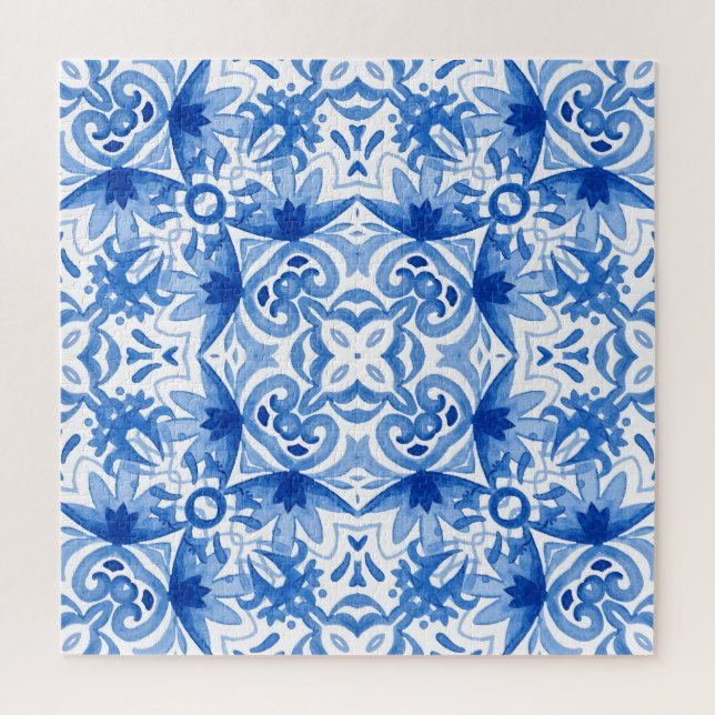Blue white tile, watercolor seamless pattern. jigsaw puzzle (Vertical)