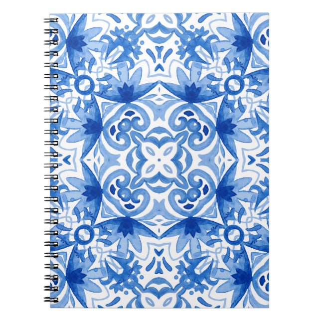 Blue white tile, watercolor seamless pattern. notebook (Front)