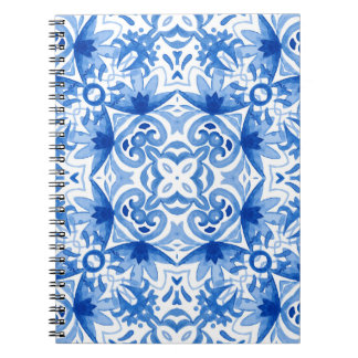 Blue white tile, watercolor seamless pattern. notebook