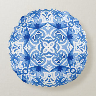 Blue white tile, watercolor seamless pattern. round cushion