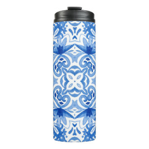 Blue white tile, watercolor seamless pattern. thermal tumbler