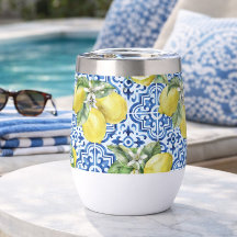 Blue White Tiles Mediterranean Lemon Pattern