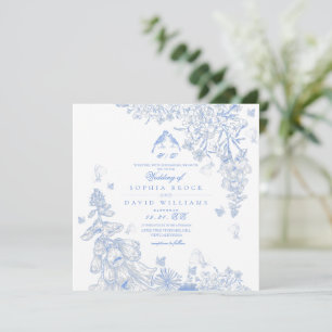 Blue White Toile Botanical Wedding  Invitation