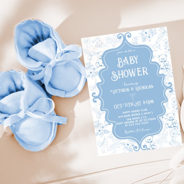 Blue White Toile Bow Bear Baby Boy Shower Invitation (Creator Uploaded)