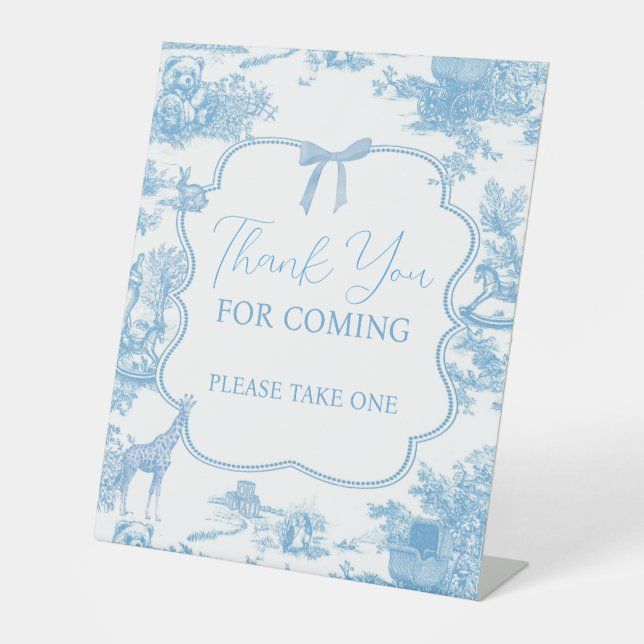 Blue White Toile de Jouy Bear Thank you Favours  Pedestal Sign (Front)