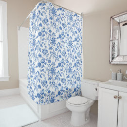 Blue White Toile Floral  Shower Curtain