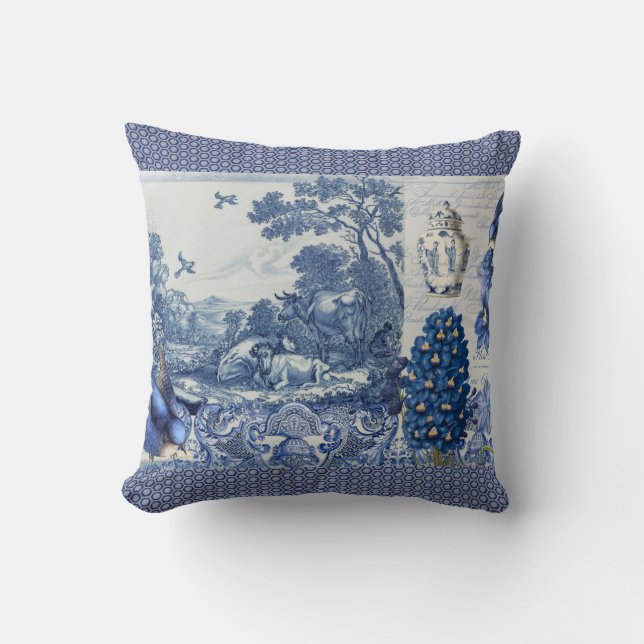 Blue White Toile Flowers n Bird Collage French Cushion (Front)