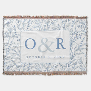 Blue & White Toile French Floral Monogram Blanket