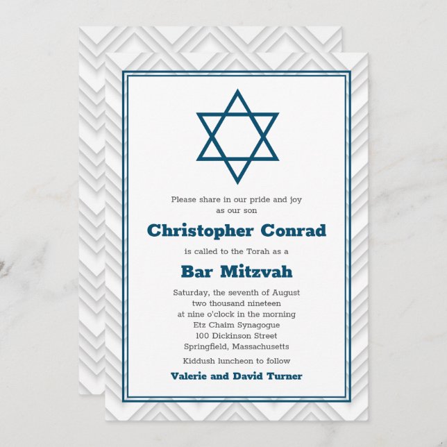 Blue White Traditional Bar Mitzvah Invitation (Front/Back)