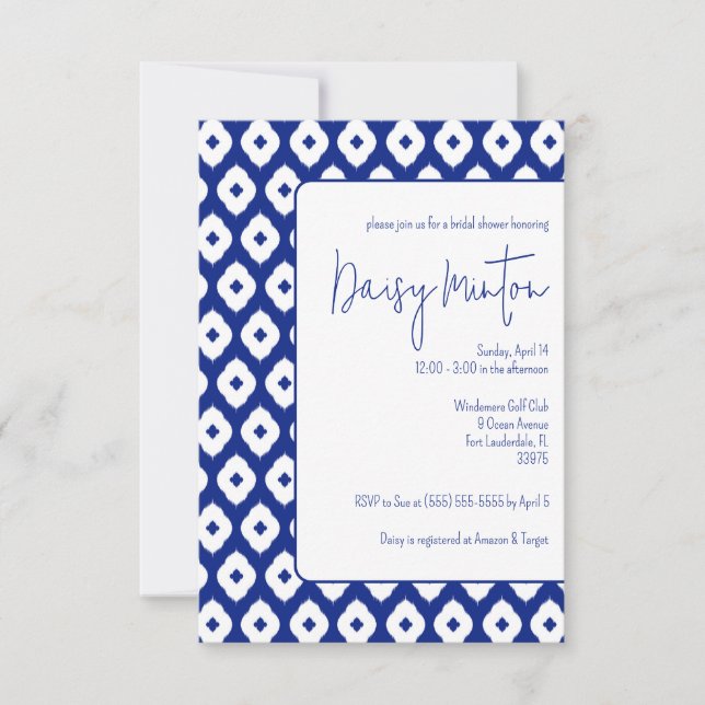 Blue & White Traditional Thai Ikat Bridal Shower Invitation (Front)
