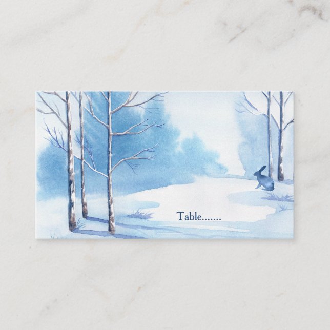 Blue White Trees Rabbit Winter Wedding Place Cards (Front)