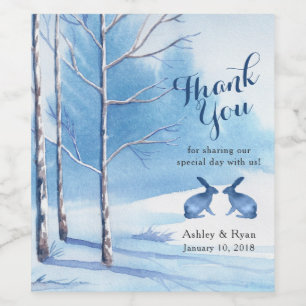 Blue White Trees Rabbit Winter Wedding Thank You Wine Label
