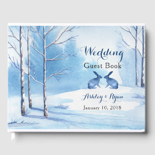 Blue White Trees Rabbits Winter Wedding Guest Book