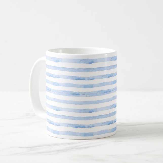 Blue White Trendy Watercolor Striped Coffee Mug (Front Left)