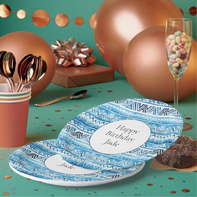 Blue White Tribal Stripes Birthday Paper Plate (Multi)