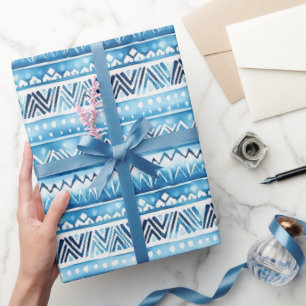 Blue White Tribal Stripes Wrapping Paper