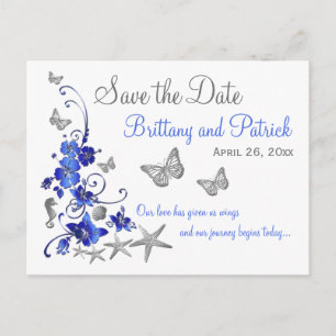 Blue White Tropical Beach Save the Date Postcard