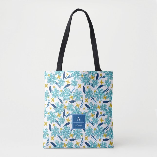 Blue White Tropical Floral Pattern - Add Your Name Tote Bag (Front)