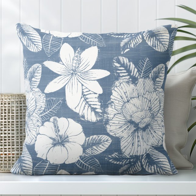 Blue & White Tropical Flower Throw Pillow (Creator Uploaded)
