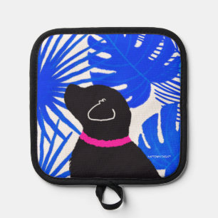Blue White Tropical Island Black Dog Pot Holder