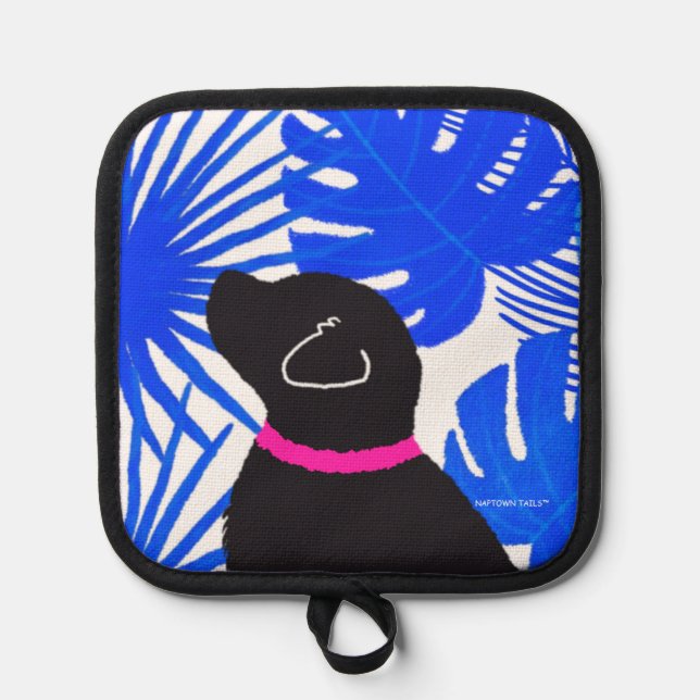 Blue White Tropical Island Black Dog Pot Holder (Front)