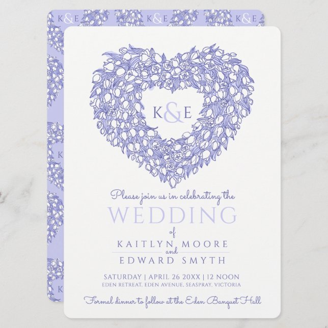 blue white tulips drawing heart wedding invitation (Front/Back)