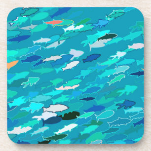 Blue, white, turquoise school of fish coaster
