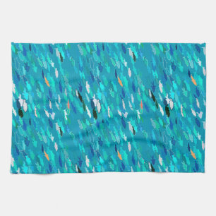 Blue, white, turquoise school of fish tea towel